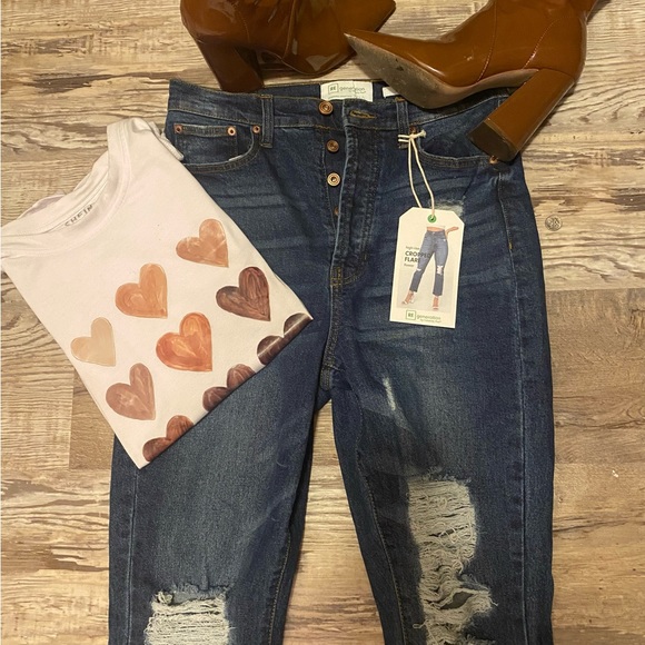 RE Generation High Rise Cropped Flare “Flower” Distressed Jeans, Dark Denim, - Picture 16 of 16